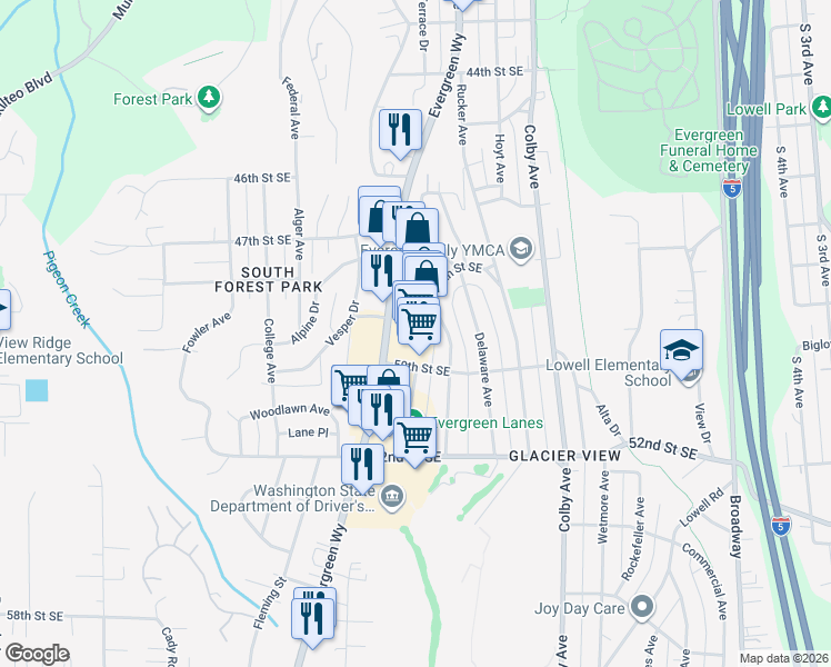 map of restaurants, bars, coffee shops, grocery stores, and more near 4929 Evergreen Way in Everett