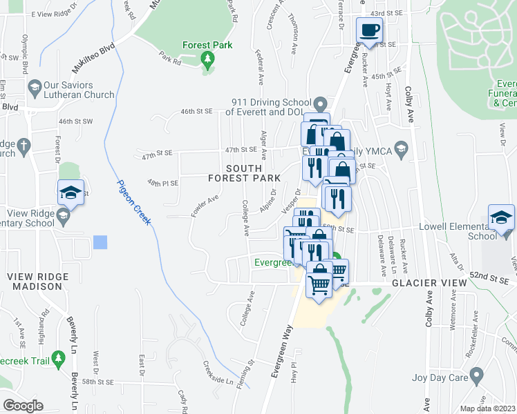 map of restaurants, bars, coffee shops, grocery stores, and more near 4840 Alger Avenue in Everett