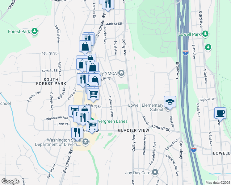 map of restaurants, bars, coffee shops, grocery stores, and more near 4818 Rucker Avenue in Everett