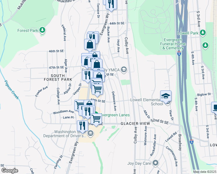 map of restaurants, bars, coffee shops, grocery stores, and more near 4807 Wilmington Avenue in Everett