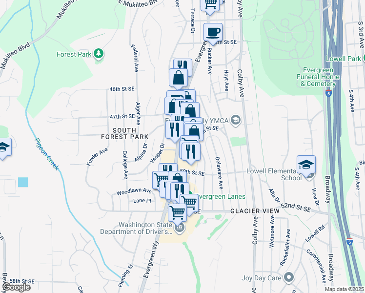 map of restaurants, bars, coffee shops, grocery stores, and more near 4809 Evergreen Way in Everett