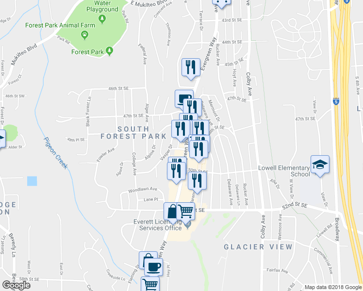 map of restaurants, bars, coffee shops, grocery stores, and more near 4830 Evergreen Way in Everett