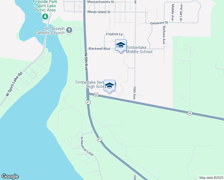 map of restaurants, bars, coffee shops, grocery stores, and more near 5973 Idaho 54 in Spirit Lake
