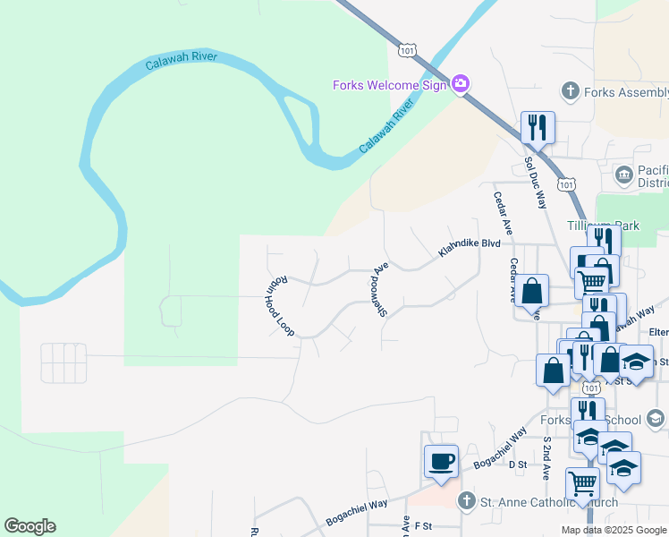 map of restaurants, bars, coffee shops, grocery stores, and more near 751 Robin Hood Loop in Forks
