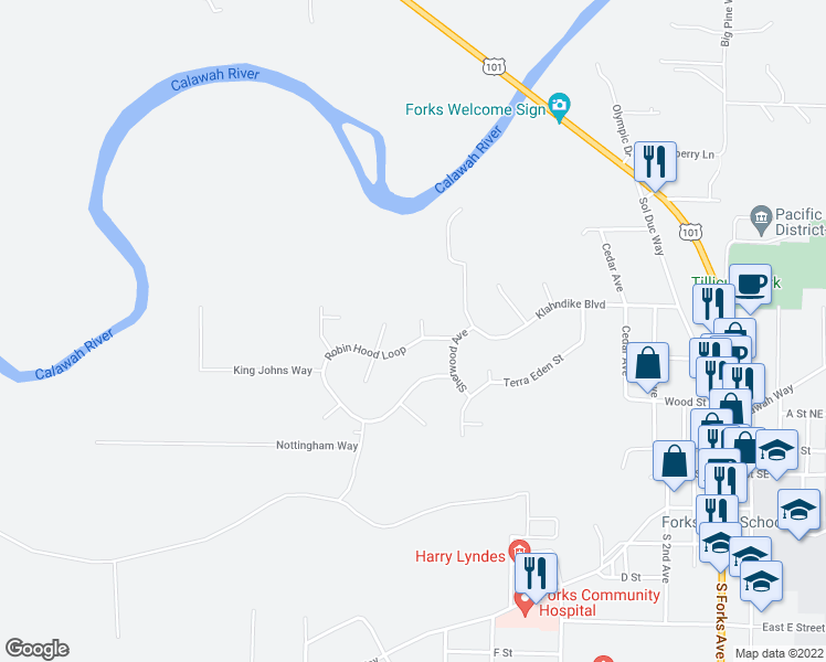 map of restaurants, bars, coffee shops, grocery stores, and more near 751 Robin Hood Loop in Forks