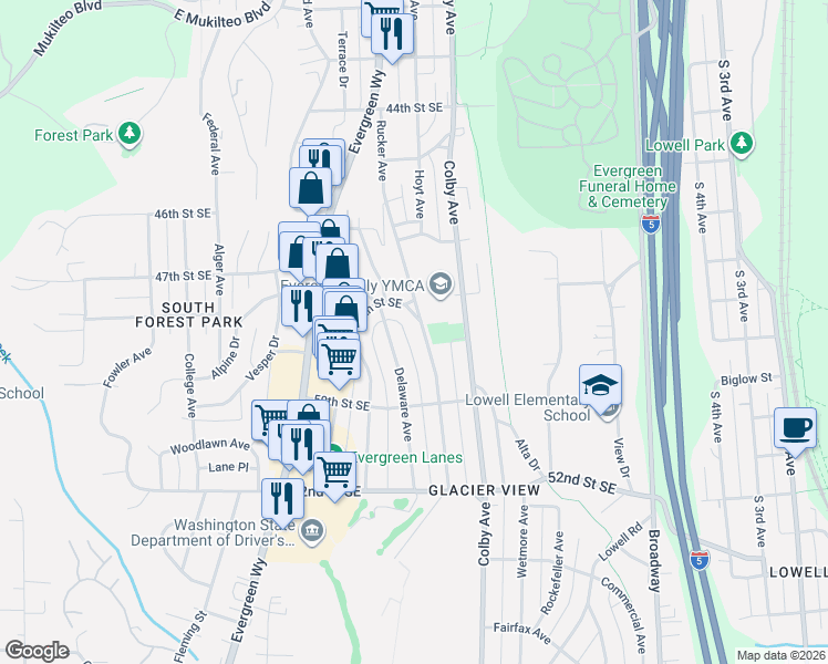 map of restaurants, bars, coffee shops, grocery stores, and more near 4818 Rucker Avenue in Everett