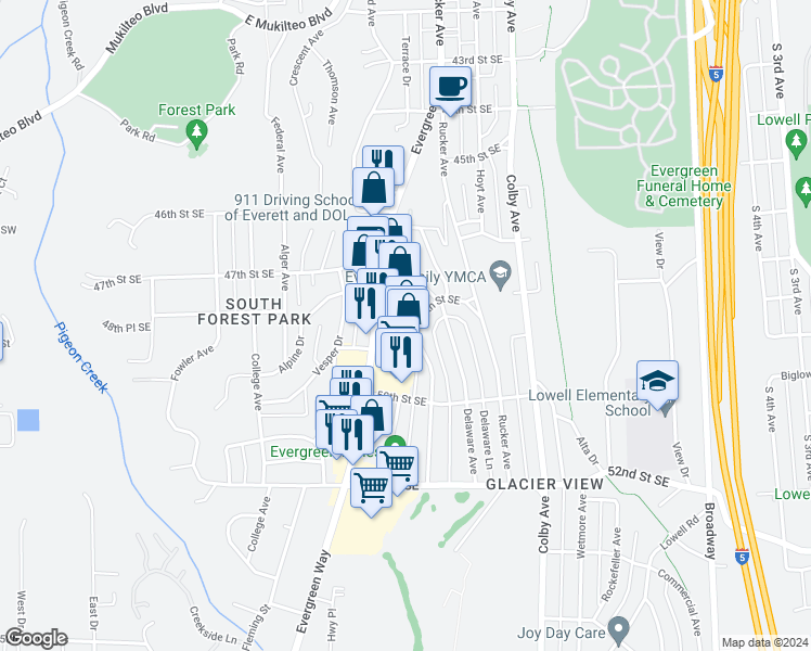 map of restaurants, bars, coffee shops, grocery stores, and more near 4809 Evergreen Way in Everett