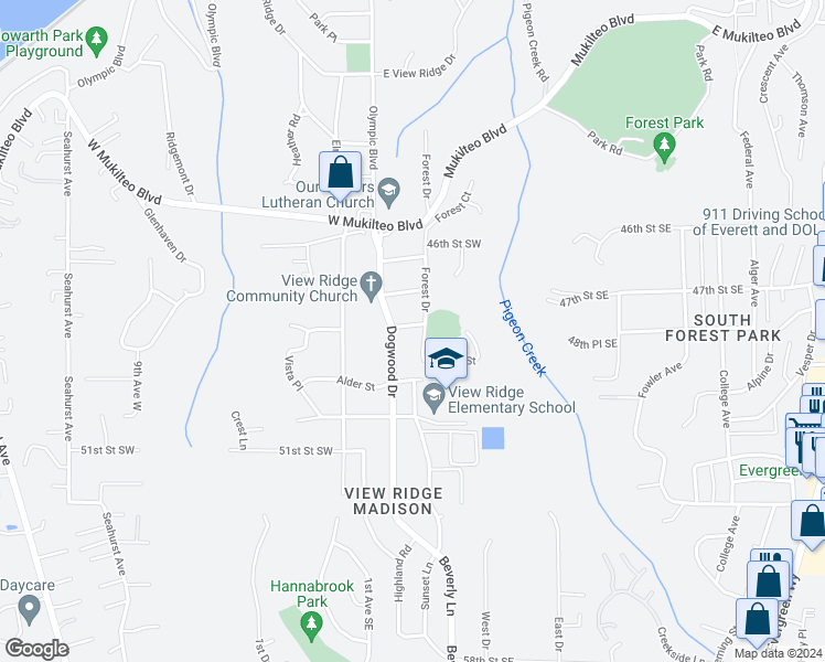 map of restaurants, bars, coffee shops, grocery stores, and more near 210 49th Street Southwest in Everett