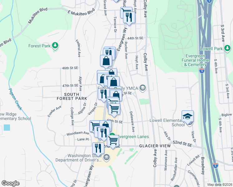 map of restaurants, bars, coffee shops, grocery stores, and more near 4707 Evergreen Way in Everett