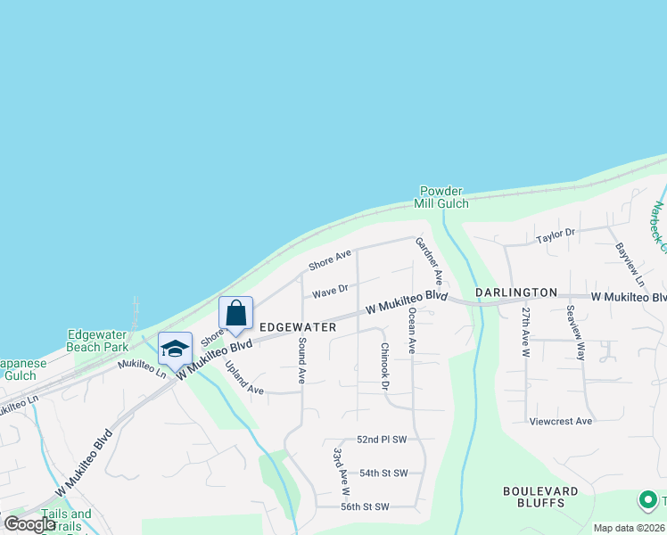 map of restaurants, bars, coffee shops, grocery stores, and more near 3402 Shore Avenue in Everett