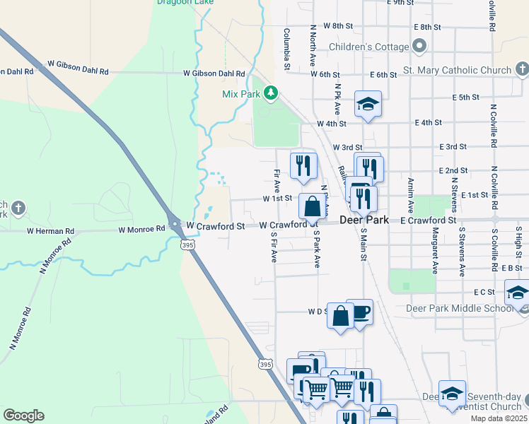 map of restaurants, bars, coffee shops, grocery stores, and more near 318 West Crawford Street in Deer Park
