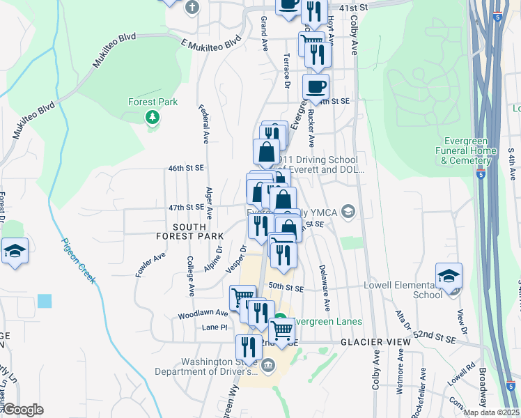 map of restaurants, bars, coffee shops, grocery stores, and more near 4702 Evergreen Way in Everett
