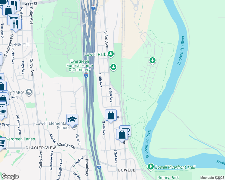 map of restaurants, bars, coffee shops, grocery stores, and more near 4701 South 3rd Avenue in Everett