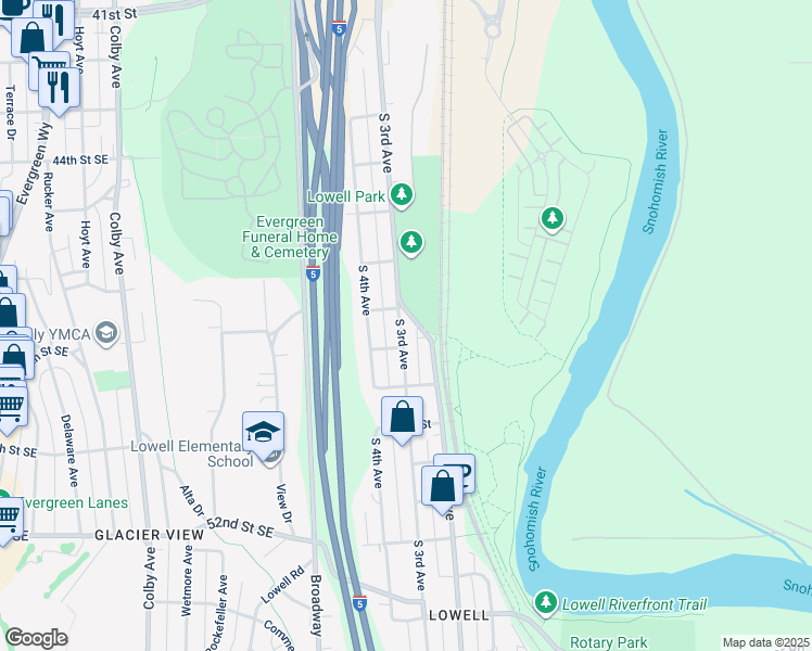 map of restaurants, bars, coffee shops, grocery stores, and more near 4701 South 3rd Avenue in Everett