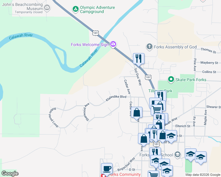 map of restaurants, bars, coffee shops, grocery stores, and more near 391 Flora Pl in Forks