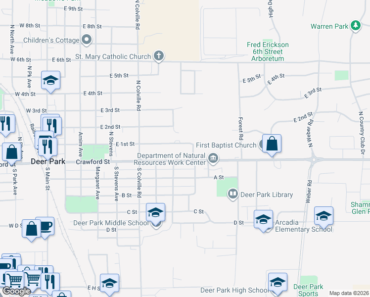 map of restaurants, bars, coffee shops, grocery stores, and more near 720 East 1st Street in Deer Park
