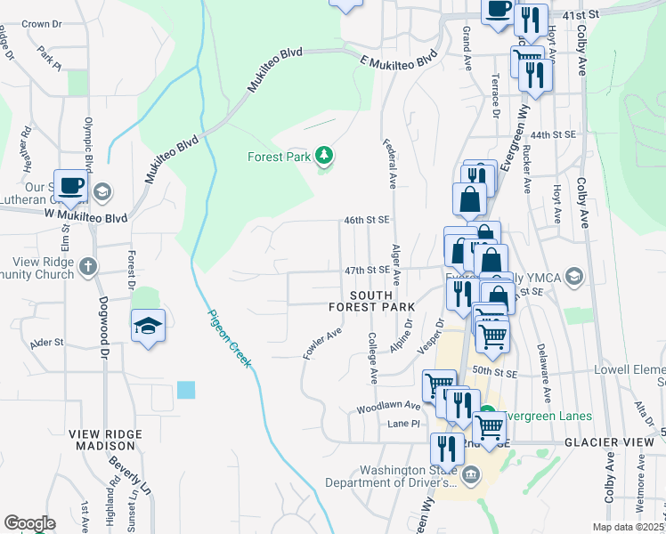 map of restaurants, bars, coffee shops, grocery stores, and more near 701 47th Street Southeast in Everett