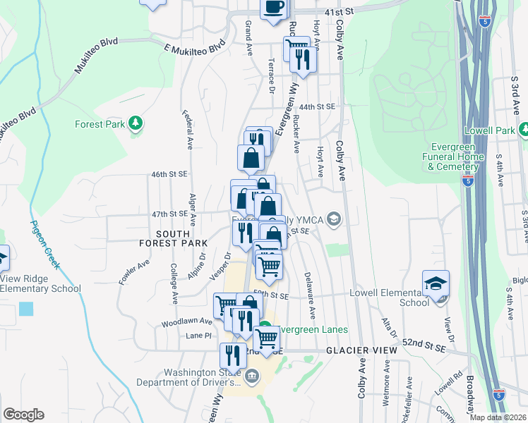 map of restaurants, bars, coffee shops, grocery stores, and more near 4707 Evergreen Way in Everett