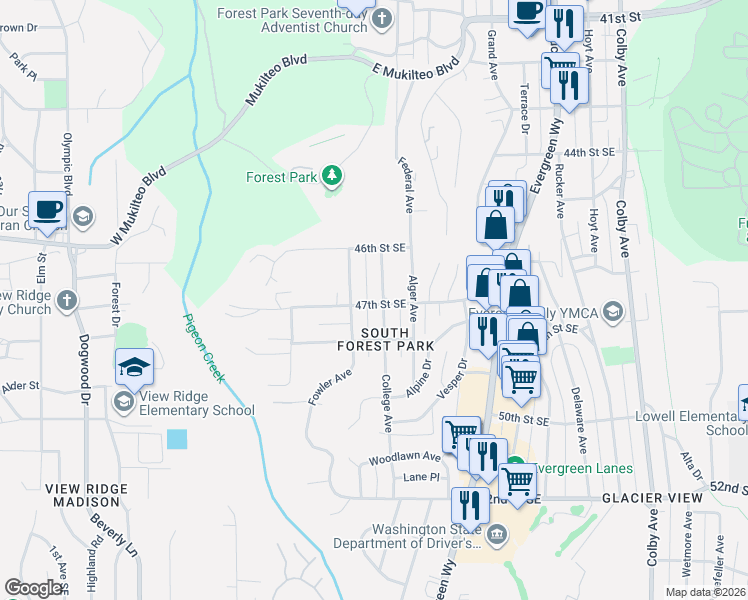 map of restaurants, bars, coffee shops, grocery stores, and more near 4634 College Avenue in Everett