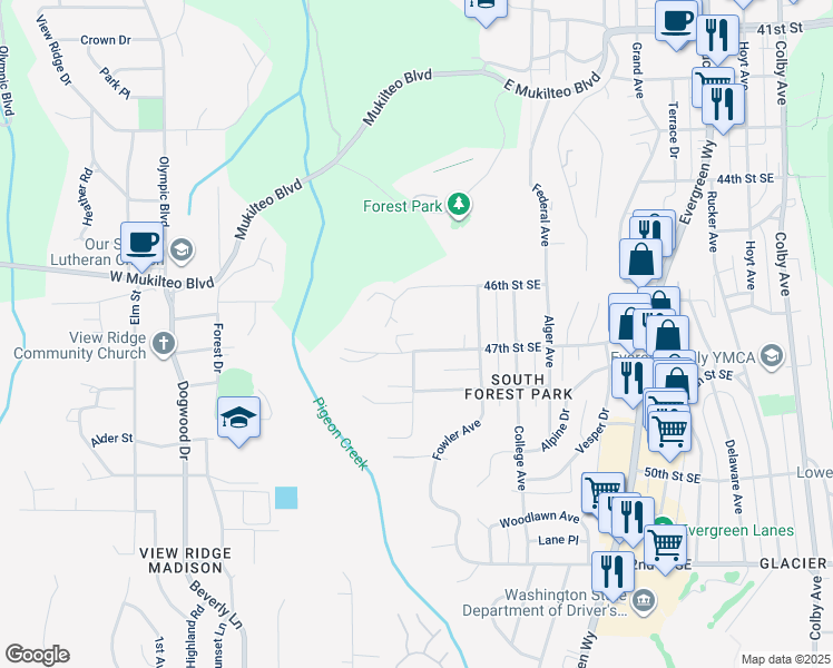 map of restaurants, bars, coffee shops, grocery stores, and more near 607 47th Street Southeast in Everett