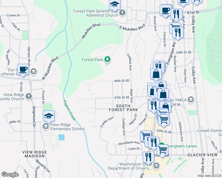 map of restaurants, bars, coffee shops, grocery stores, and more near 4632 Fowler Avenue in Everett