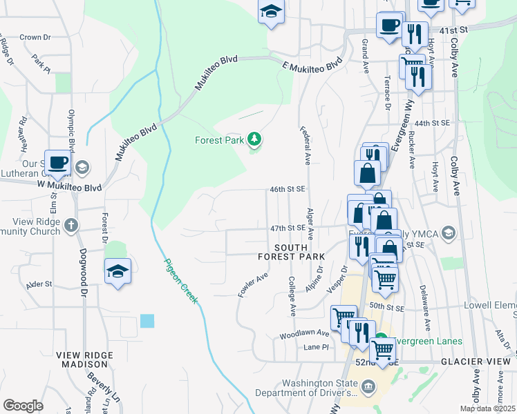 map of restaurants, bars, coffee shops, grocery stores, and more near 4604 Fowler Avenue in Everett