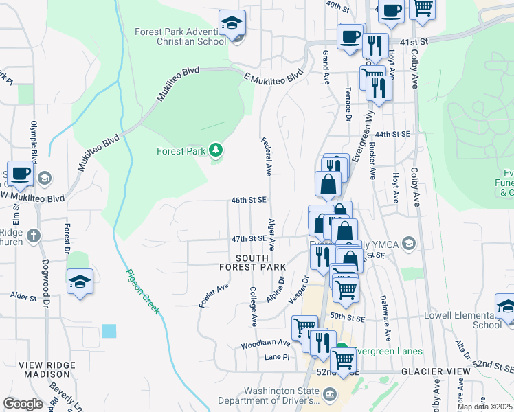 map of restaurants, bars, coffee shops, grocery stores, and more near 4602 College Avenue in Everett