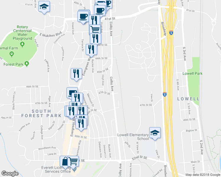 map of restaurants, bars, coffee shops, grocery stores, and more near 4622 Colby Avenue in Everett