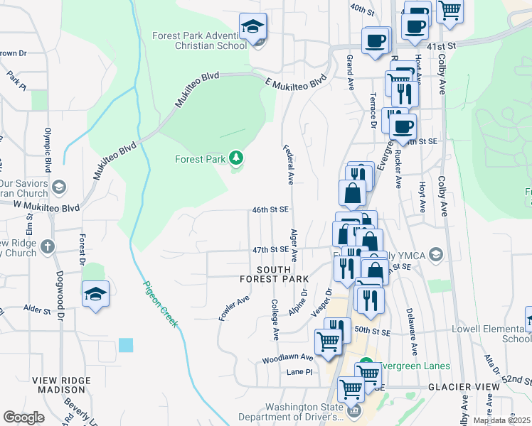 map of restaurants, bars, coffee shops, grocery stores, and more near 4602 College Avenue in Everett