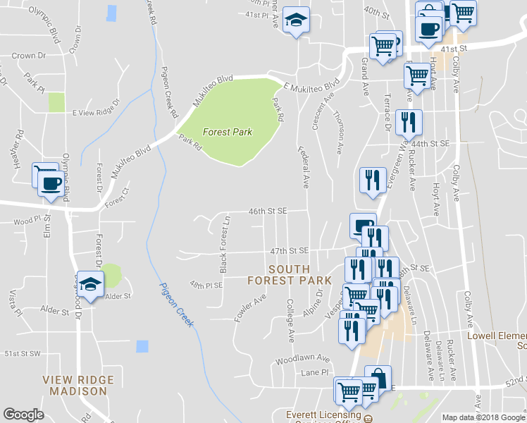 map of restaurants, bars, coffee shops, grocery stores, and more near 798 46th Street Southeast in Everett