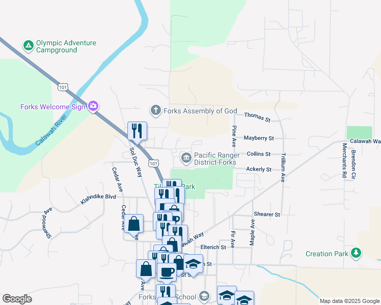 map of restaurants, bars, coffee shops, grocery stores, and more near 411 Tillicum Lane in Forks