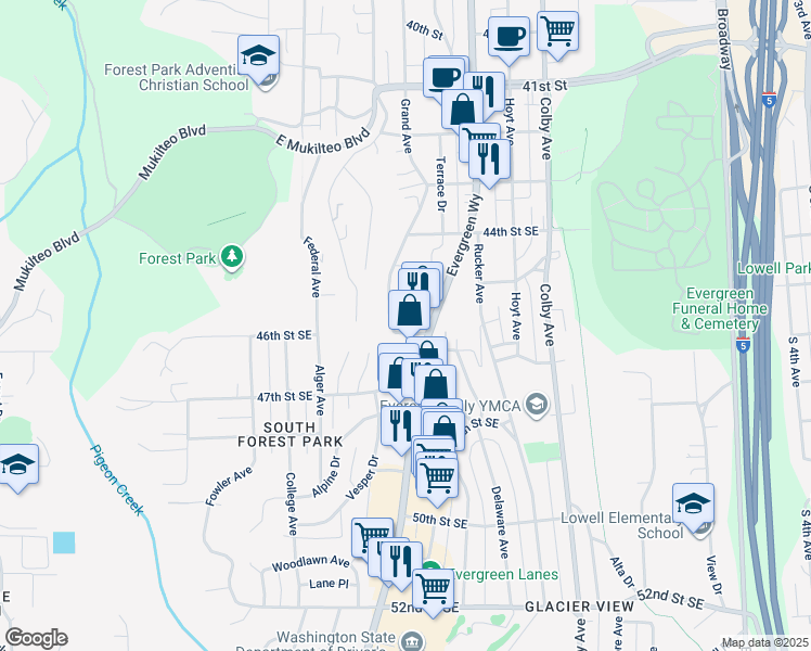 map of restaurants, bars, coffee shops, grocery stores, and more near 1111 47th Street Southeast in Everett