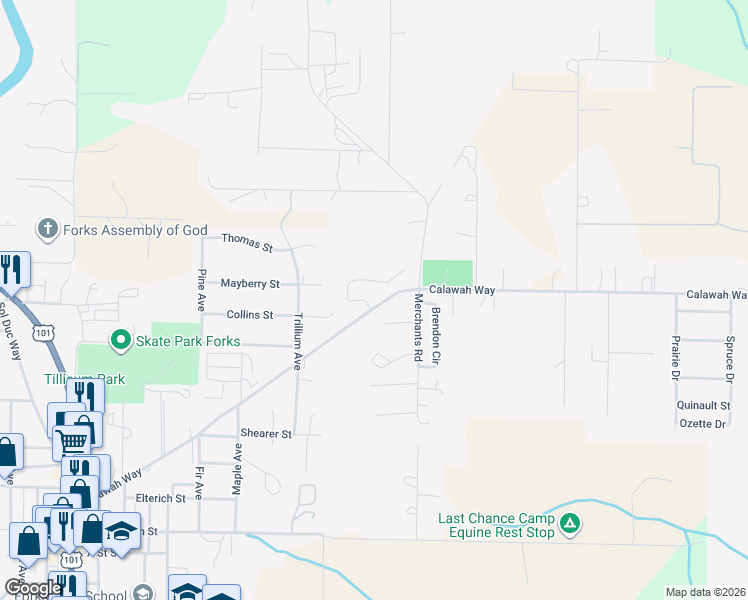 map of restaurants, bars, coffee shops, grocery stores, and more near 1015 Calawah Way in Forks