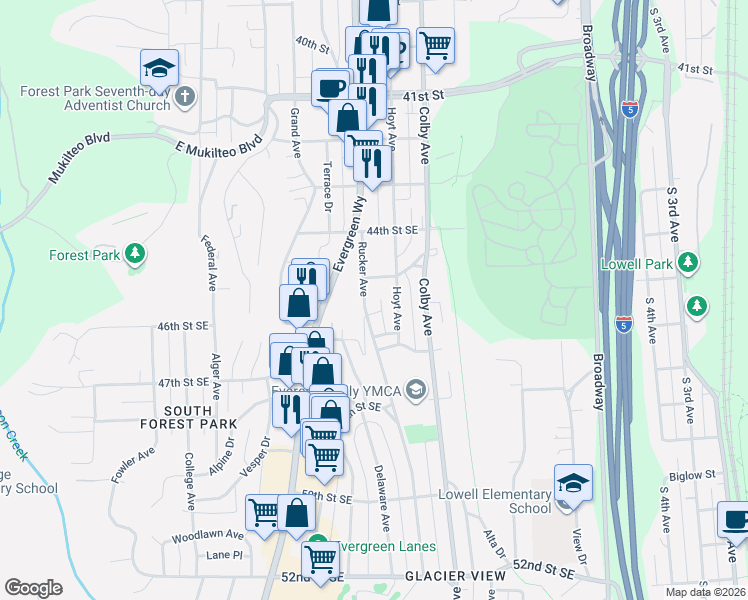 map of restaurants, bars, coffee shops, grocery stores, and more near 4502 Hoyt Avenue in Everett