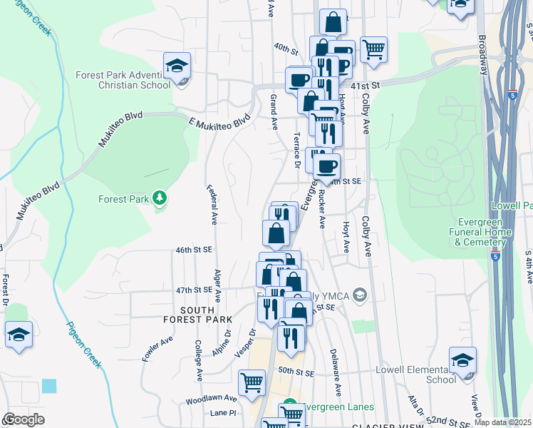 map of restaurants, bars, coffee shops, grocery stores, and more near 4507 Grand Avenue in Everett