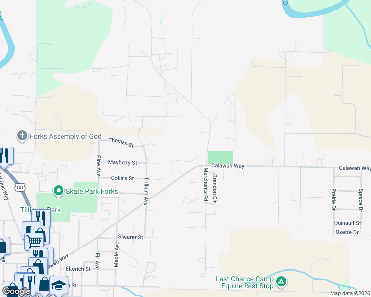 map of restaurants, bars, coffee shops, grocery stores, and more near 1015 Calawah Way in Forks