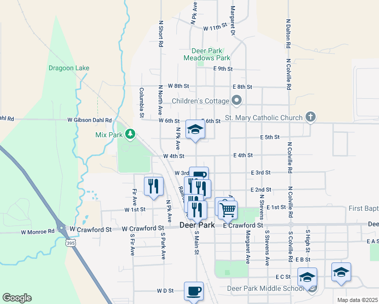 map of restaurants, bars, coffee shops, grocery stores, and more near 316 North Main Street in Deer Park
