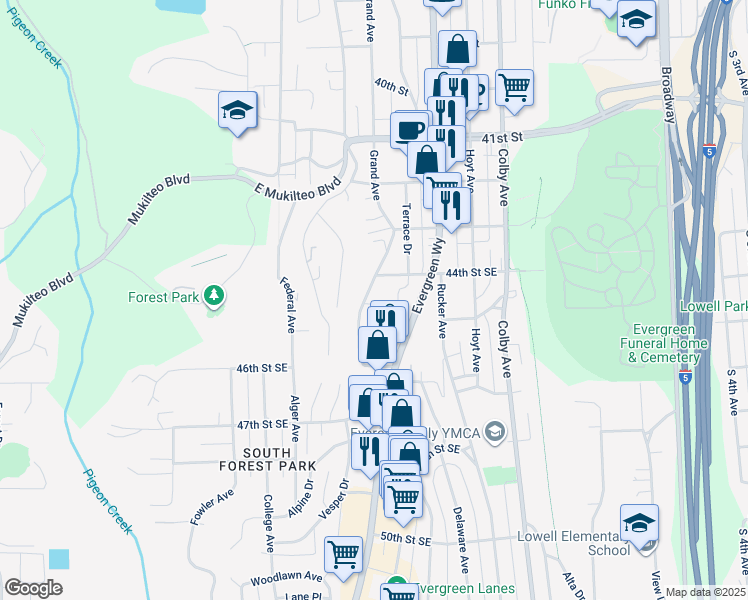 map of restaurants, bars, coffee shops, grocery stores, and more near 4507 Grand Avenue in Everett