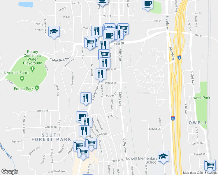 map of restaurants, bars, coffee shops, grocery stores, and more near 4410 Hoyt Avenue in Everett
