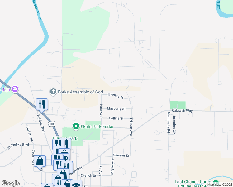 map of restaurants, bars, coffee shops, grocery stores, and more near 600 Chuckhole Way in Forks