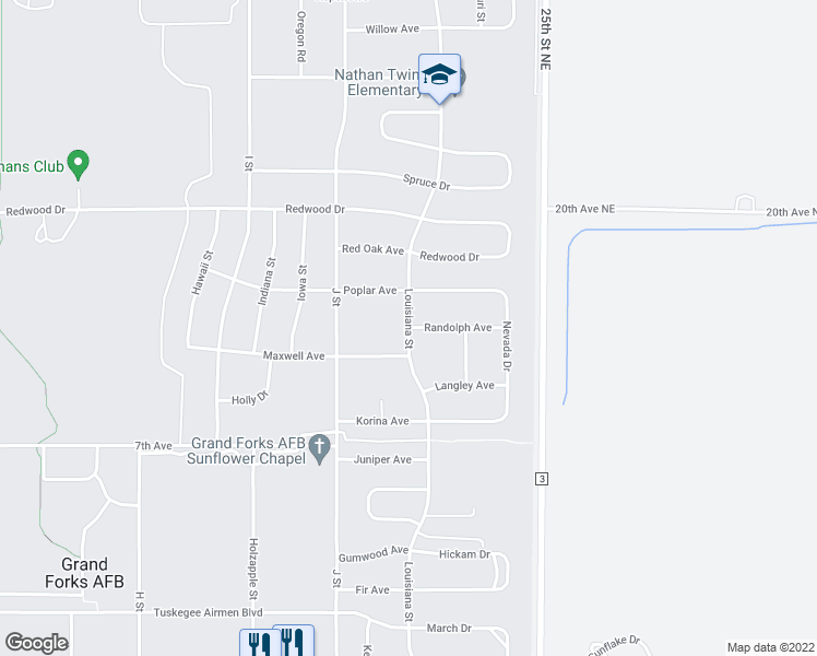 map of restaurants, bars, coffee shops, grocery stores, and more near Louisiana Street in Grand Forks Air Force Base