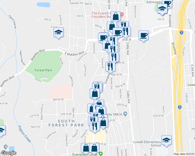 map of restaurants, bars, coffee shops, grocery stores, and more near 4332 Terrace Drive in Everett
