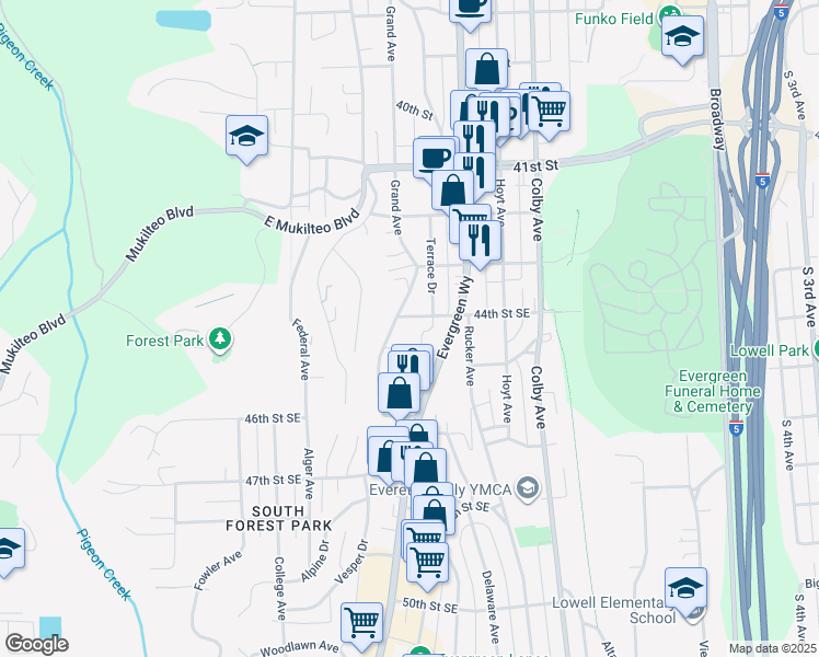 map of restaurants, bars, coffee shops, grocery stores, and more near 1208 44th Street Southeast in Everett