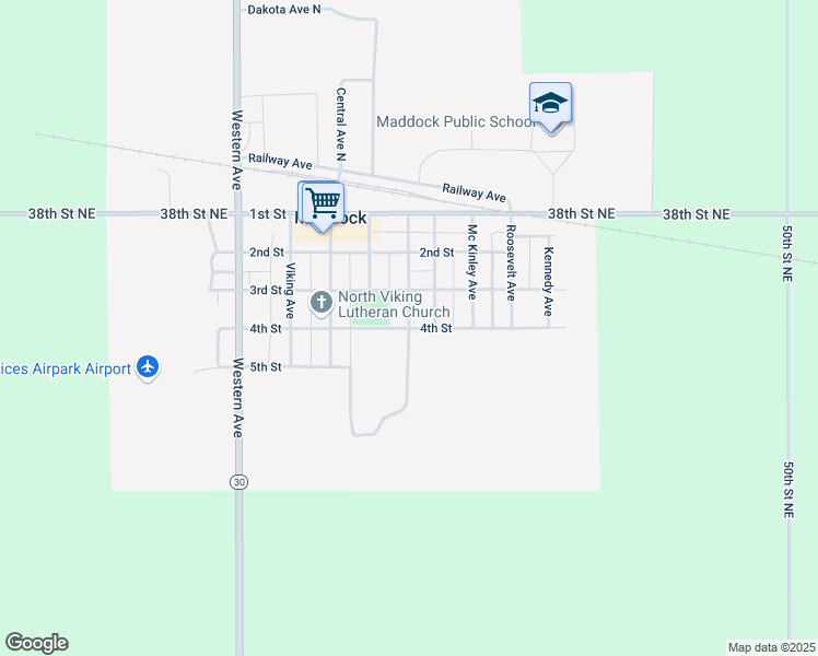 map of restaurants, bars, coffee shops, grocery stores, and more near 500 4th Street in Maddock