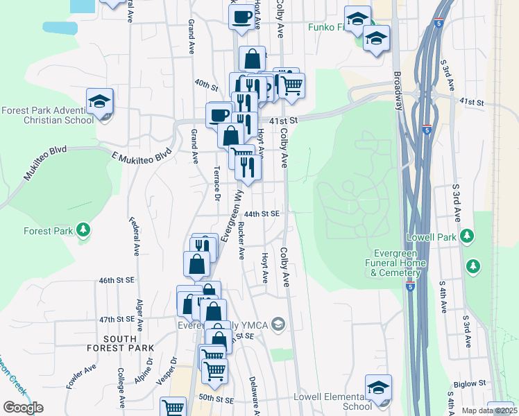 map of restaurants, bars, coffee shops, grocery stores, and more near 4328 Hoyt Avenue in Everett