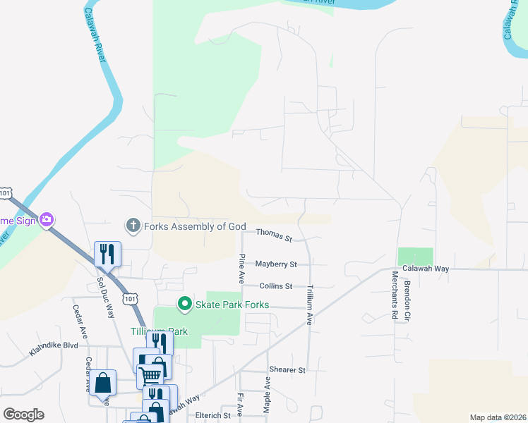 map of restaurants, bars, coffee shops, grocery stores, and more near 600 Chuckhole Way in Forks