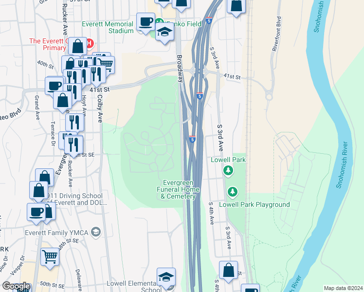 map of restaurants, bars, coffee shops, grocery stores, and more near 4132 Broadway in Everett
