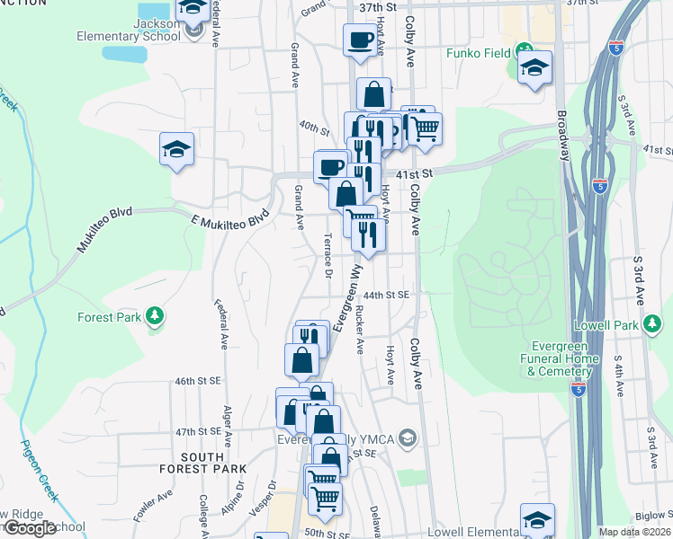 map of restaurants, bars, coffee shops, grocery stores, and more near 4330 Rucker Avenue in Everett