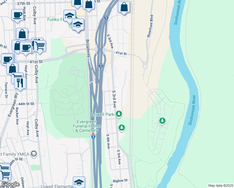 map of restaurants, bars, coffee shops, grocery stores, and more near 4224 South 3rd Avenue in Everett