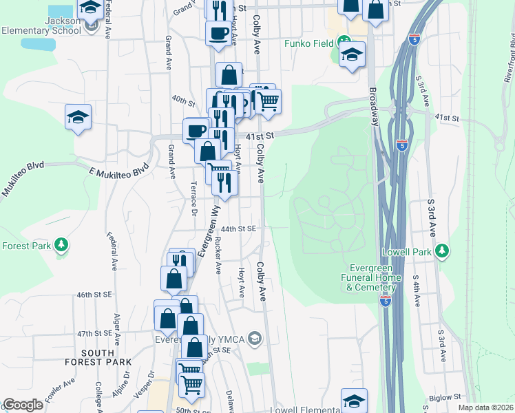 map of restaurants, bars, coffee shops, grocery stores, and more near 4230 Colby Avenue in Everett
